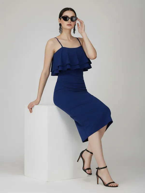 Ekeshwara_Women's_Royal_Blue_Layered_Ruffle_Bodycon_Midi_Dress|_Model_Height_5.8inch_,_Fabric_All_Way_Stretchable