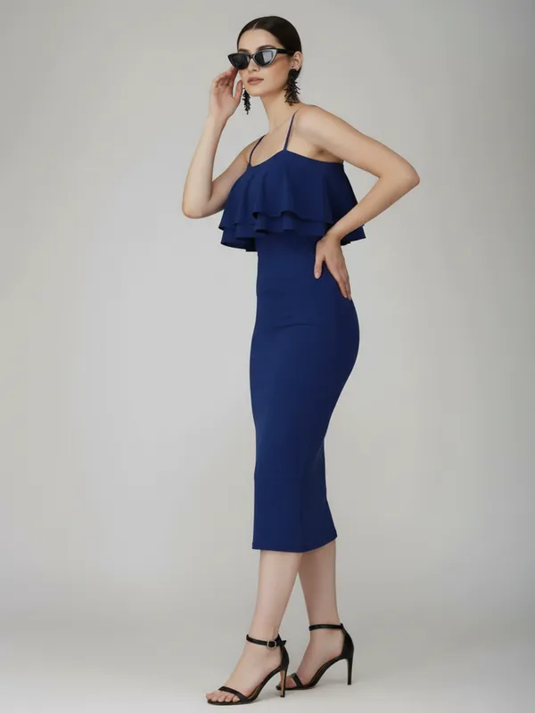 Ekeshwara_Women's_Royal_Blue_Layered_Ruffle_Bodycon_Midi_Dress|_Model_Height_5.8inch_,_Fabric_All_Way_Stretchable