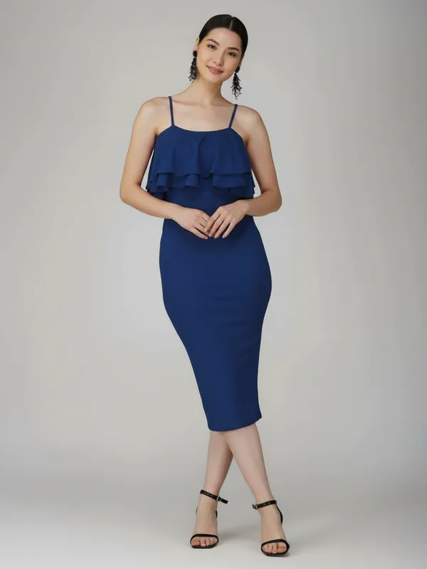 Ekeshwara_Women's_Royal_Blue_Layered_Ruffle_Bodycon_Midi_Dress|_Model_Height_5.8inch_,_Fabric_All_Way_Stretchable