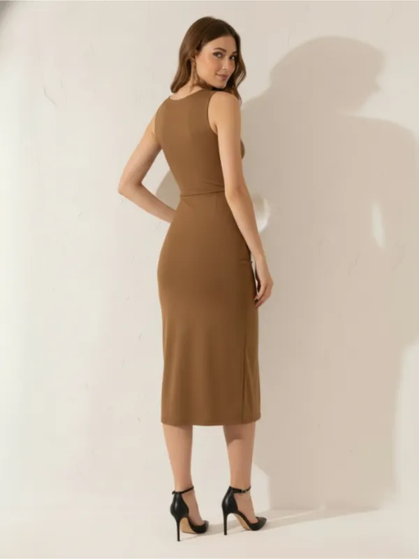 Ekeshwara_Women??_Solid_Brown_Cut??ut_Knot_Front_Bodycon_Midi_Dress_With_High_Slit|_Model_Height_5.8inch_,_Fabric_All_Way_Stretchable