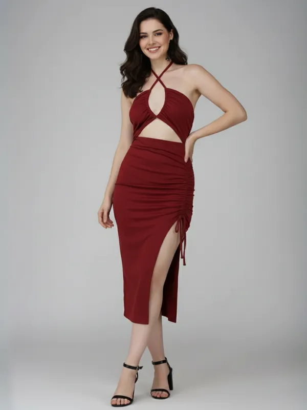 Ekeshwara_Women's_Wine_Red_Criss-Cross_Cut-Out_Ruched_Midi_Dress|_Model_Height_5.8inch_,_Fabric_All_Way_Stretchable