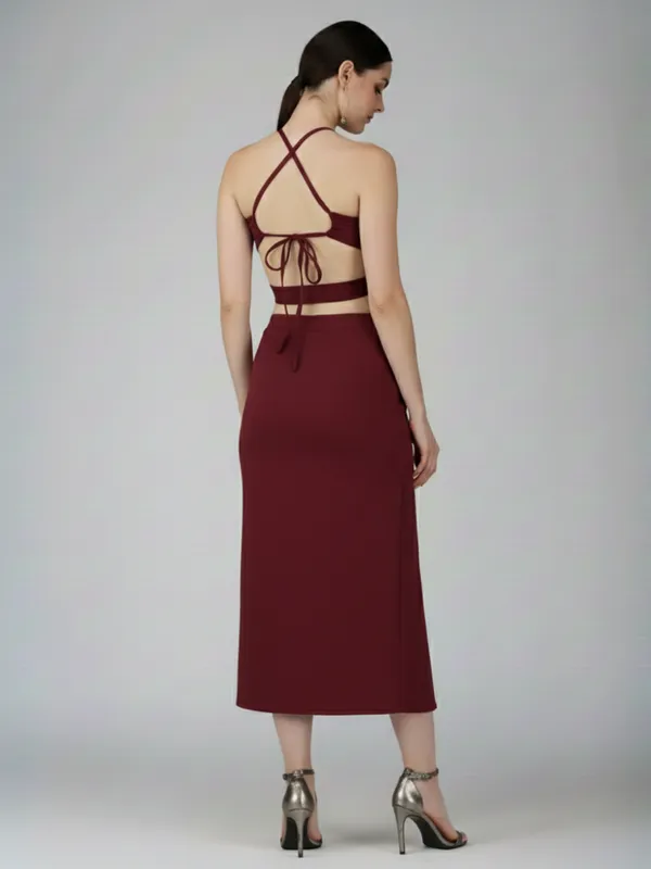 Ekeshwara_Women's_Wine_Red_Cut-Out_Backless_Halter_Midi_Dress|_Model_Height_5.8inch_,_Fabric_All_Way_Stretchable
