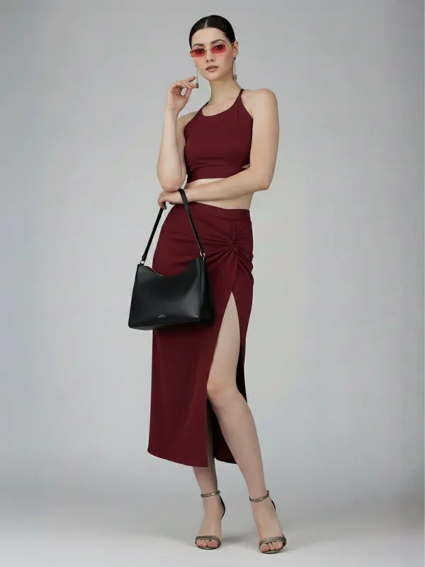 Ekeshwara_Women's_Wine_Red_Cut-Out_Backless_Halter_Midi_Dress|_Model_Height_5.8inch_,_Fabric_All_Way_Stretchable