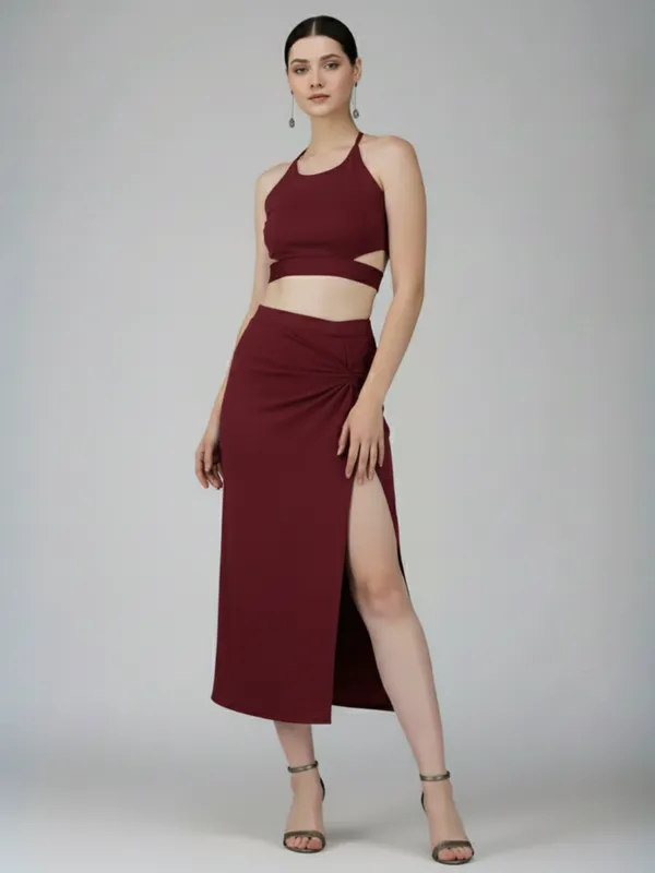 Ekeshwara_Women's_Wine_Red_Cut-Out_Backless_Halter_Midi_Dress|_Model_Height_5.8inch_,_Fabric_All_Way_Stretchable