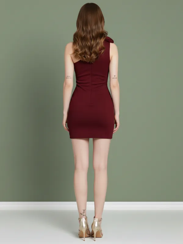 Ekeshwara_Women's_Wine_Red_One-Shoulder_Bodycon_Dress_with_Floral_Appliqu?|_Model_Height_5.8inch_,_Fabric_All_Way_Stretchable