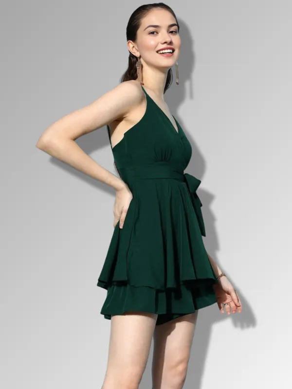 Ekeshwara__Women's_Dark_Green_Padded_Layered_Crepe_Summer_Dress|_Model_Height_5.8inch_,_Fabric_All_Way_Stretchable
