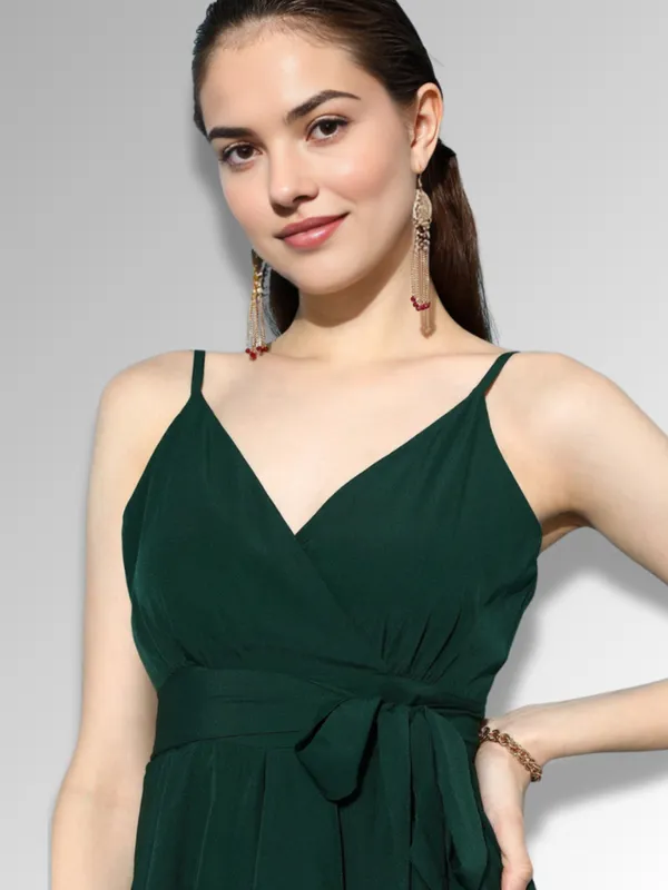 Ekeshwara__Women's_Dark_Green_Padded_Layered_Crepe_Summer_Dress|_Model_Height_5.8inch_,_Fabric_All_Way_Stretchable