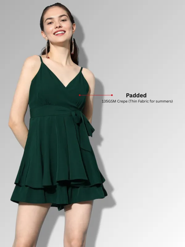 Ekeshwara__Women's_Dark_Green_Padded_Layered_Crepe_Summer_Dress|_Model_Height_5.8inch_,_Fabric_All_Way_Stretchable