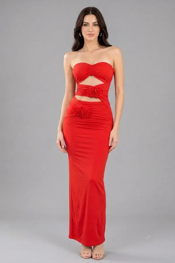 Ekeshwara_–_Red_Rose_Ruched_Cut-Out_Maxi_Dress;_Model_Height_5.8inch,_Fabric_All_Way_Stretchable