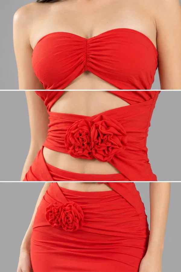 Ekeshwara_–_Red_Rose_Ruched_Cut-Out_Maxi_Dress;_Model_Height_5.8inch,_Fabric_All_Way_Stretchable