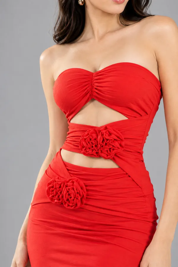 Ekeshwara_–_Red_Rose_Ruched_Cut-Out_Maxi_Dress;_Model_Height_5.8inch,_Fabric_All_Way_Stretchable