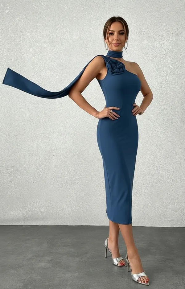 Ekeshwara_air_force_blue_high_neck_design_one_shoulder_design_dress_for_elegant_women|_Model_Height_5.8inch_,_Fabric_All_Way_Stretchable