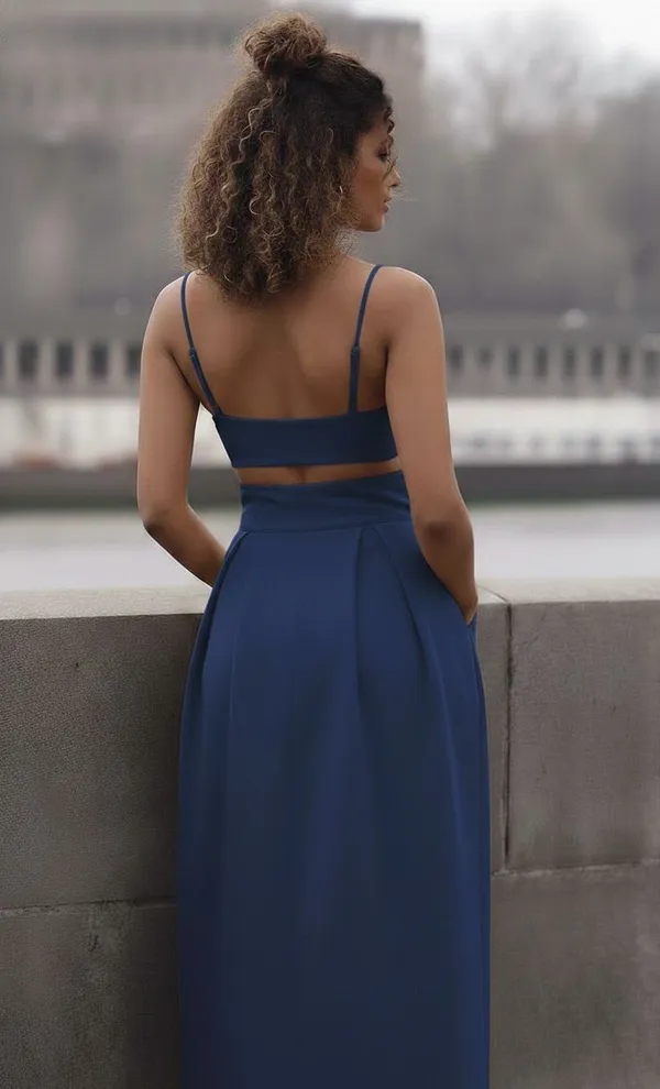 Ekeshwara_air_force_blue_two_rose_flower_style_spaghetti_strap_neckline_design_top_&_balloon_style_skirt_for_elegant_women|_Model_Height_5.8inch_,_Fabric_All_Way_Stretchable