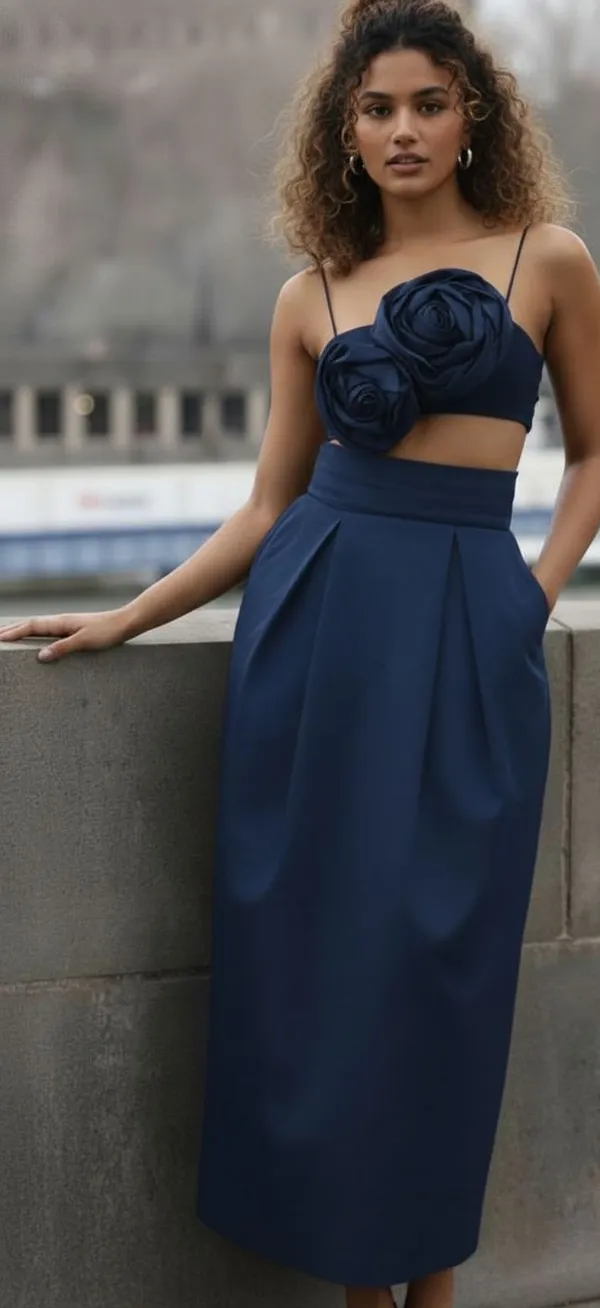 Ekeshwara_air_force_blue_two_rose_flower_style_spaghetti_strap_neckline_design_top_&_balloon_style_skirt_for_elegant_women|_Model_Height_5.8inch_,_Fabric_All_Way_Stretchable