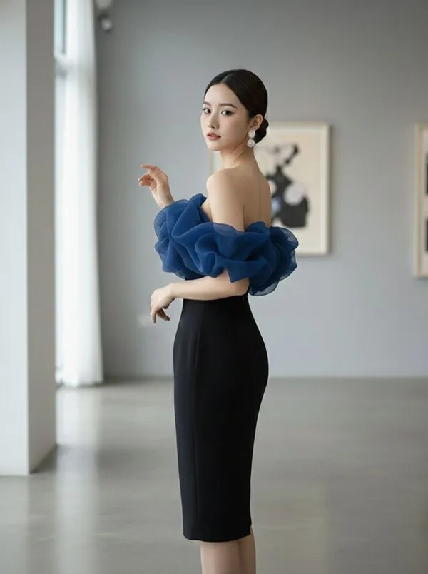 Black_And_Blue_Colour_Bottom_Frill_Style_Off_Shoulder_Party_Wear_Dress_For_Women