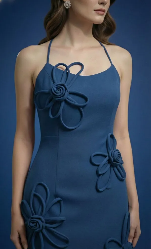 Ekeshwara_airforce_blue_colour_strip_flower_style_spaghetti_strap_neckline_design_dress_for_elegant_women|_Model_Height_5.8inch_,_Fabric_All_Way_Stretchable