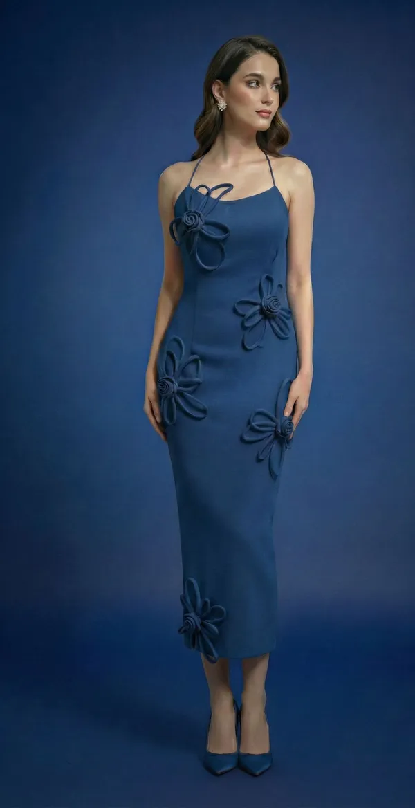 Ekeshwara_airforce_blue_colour_strip_flower_style_spaghetti_strap_neckline_design_dress_for_elegant_women|_Model_Height_5.8inch_,_Fabric_All_Way_Stretchable