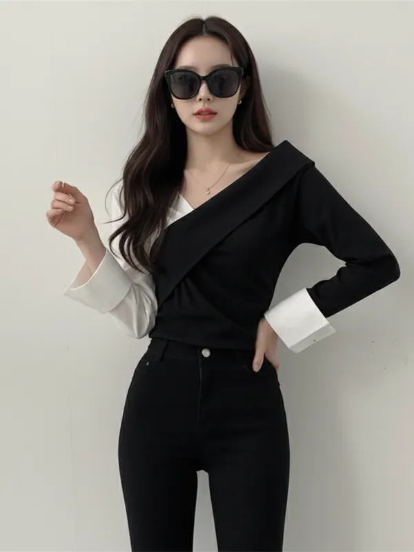 Ekeshwara_black_&_white_shirt_style_top_for_women_&_girls_for_office_wear_party_wear_top|_Model_Height_5.8inch_,_Fabric_All_Way_Stretchable