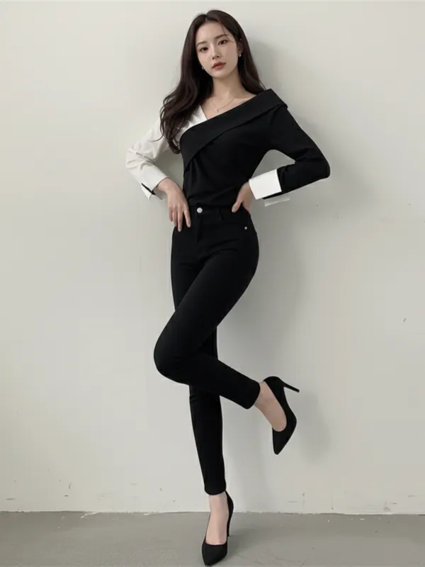 Ekeshwara_black_&_white_shirt_style_top_for_women_&_girls_for_office_wear_party_wear_top|_Model_Height_5.8inch_,_Fabric_All_Way_Stretchable