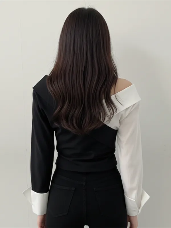 Ekeshwara_black_&_white_shirt_style_top_for_women_&_girls_for_office_wear_party_wear_top|_Model_Height_5.8inch_,_Fabric_All_Way_Stretchable