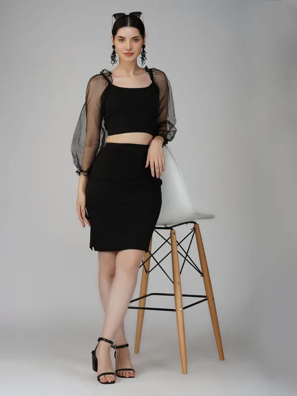 Ekeshwara_black_net_balloon_crop_top_with_mini_skirt|_Model_Height_5.8inch_,_Fabric_All_Way_Stretchable