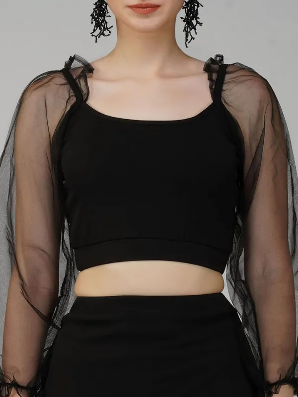 Ekeshwara_black_net_balloon_crop_top_with_mini_skirt|_Model_Height_5.8inch_,_Fabric_All_Way_Stretchable