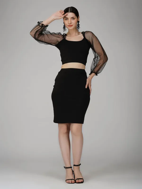 Ekeshwara_black_net_balloon_crop_top_with_mini_skirt|_Model_Height_5.8inch_,_Fabric_All_Way_Stretchable