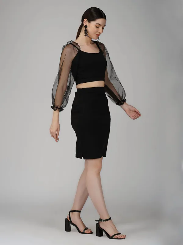 Ekeshwara_black_net_balloon_crop_top_with_mini_skirt|_Model_Height_5.8inch_,_Fabric_All_Way_Stretchable