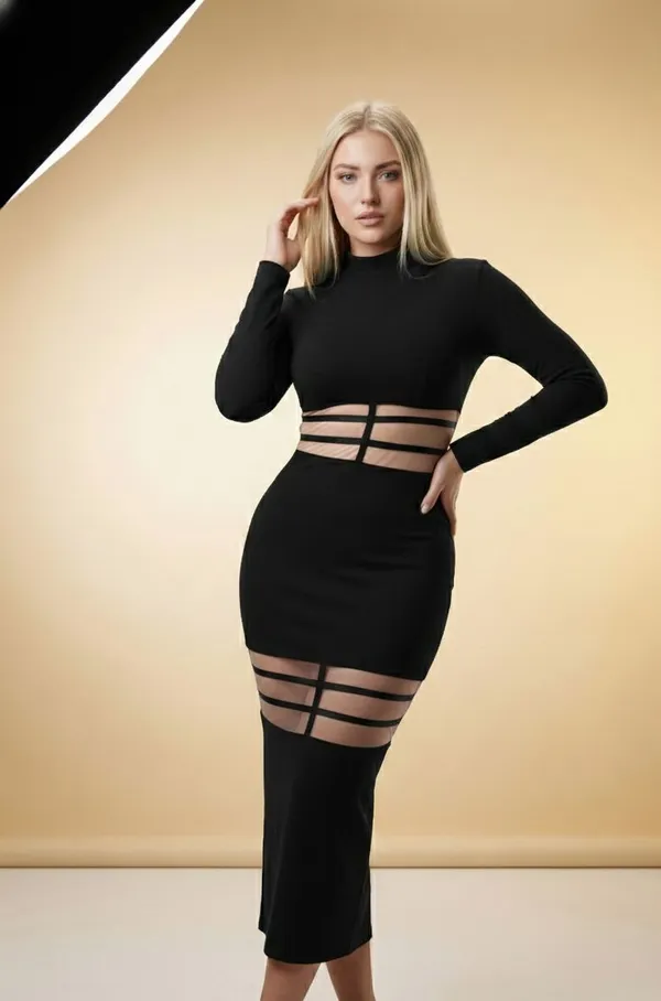 Ekeshwara_black_strip_design_dress_High_neck_style_bodycon_dress_for_elegant_women|_Model_Height_5.8inch_,_Fabric_All_Way_Stretchable