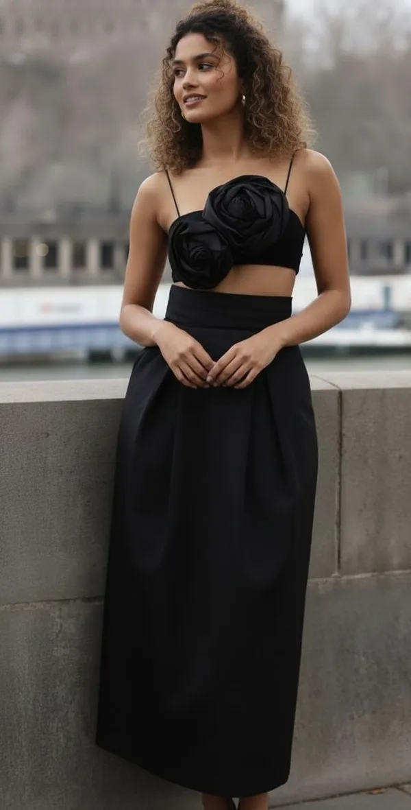 Ekeshwara_black_two_rose_flower_style_spaghetti_strap_neckline_design_top_&_balloon_style_skirt_for_elegant_women|_Model_Height_5.8inch_,_Fabric_All_Way_Stretchable