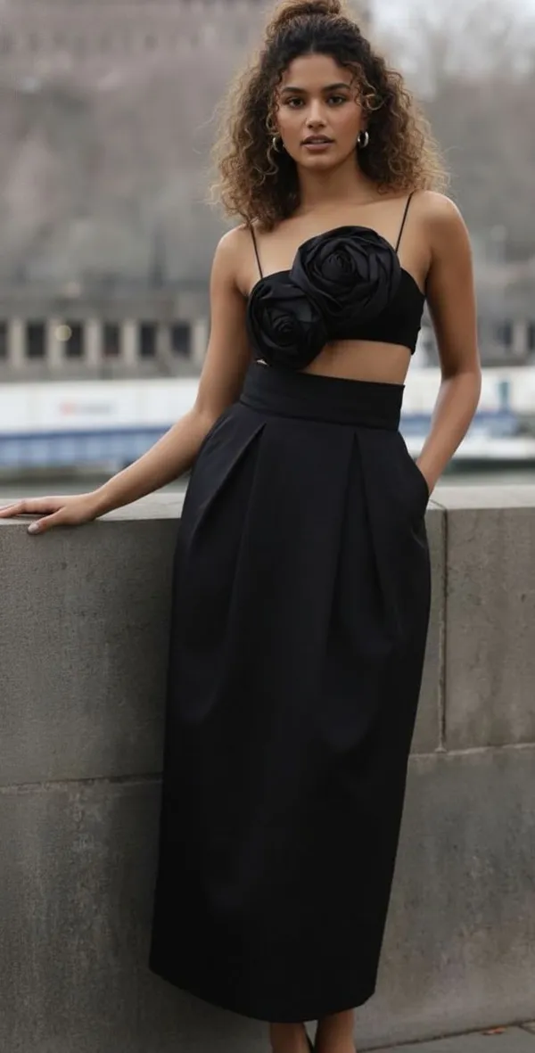 Ekeshwara_black_two_rose_flower_style_spaghetti_strap_neckline_design_top_&_balloon_style_skirt_for_elegant_women|_Model_Height_5.8inch_,_Fabric_All_Way_Stretchable