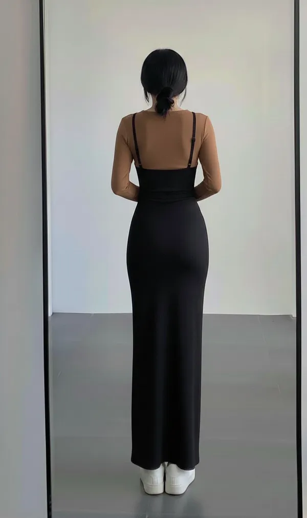Ekeshwara_brown_colour_top_and_black_maxi_dress_combo_for_elegant_women|_Model_Height_5.8inch_,_Fabric_All_Way_Stretchable