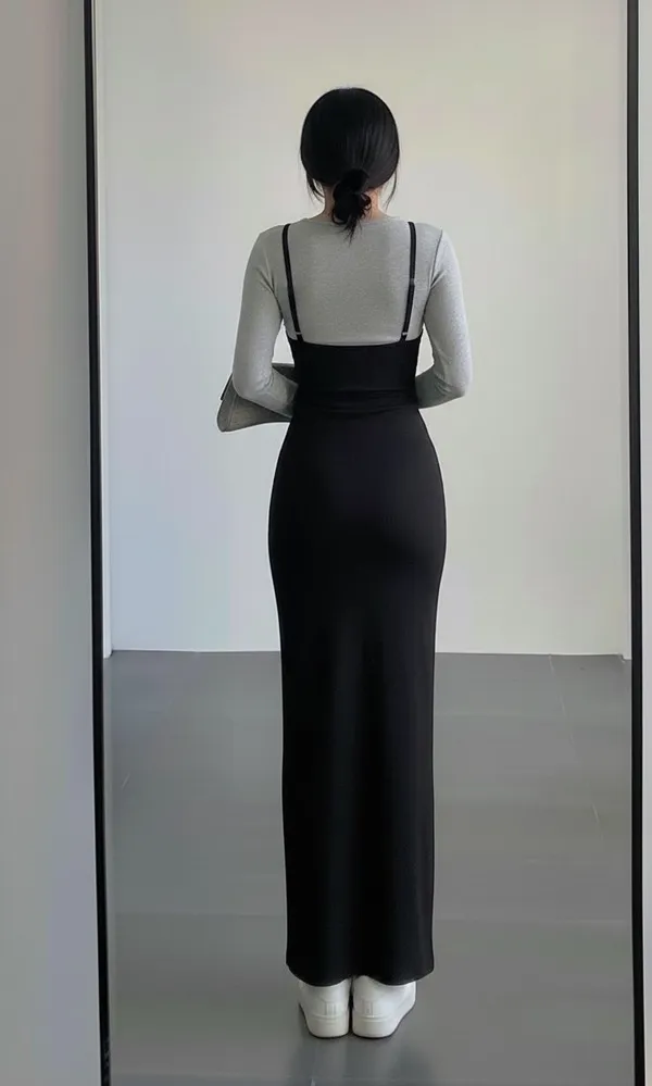 Ekeshwara_grey_top_and_black_maxi_dress_combo_for_elegant_women|_Model_Height_5.8inch_,_Fabric_All_Way_Stretchable