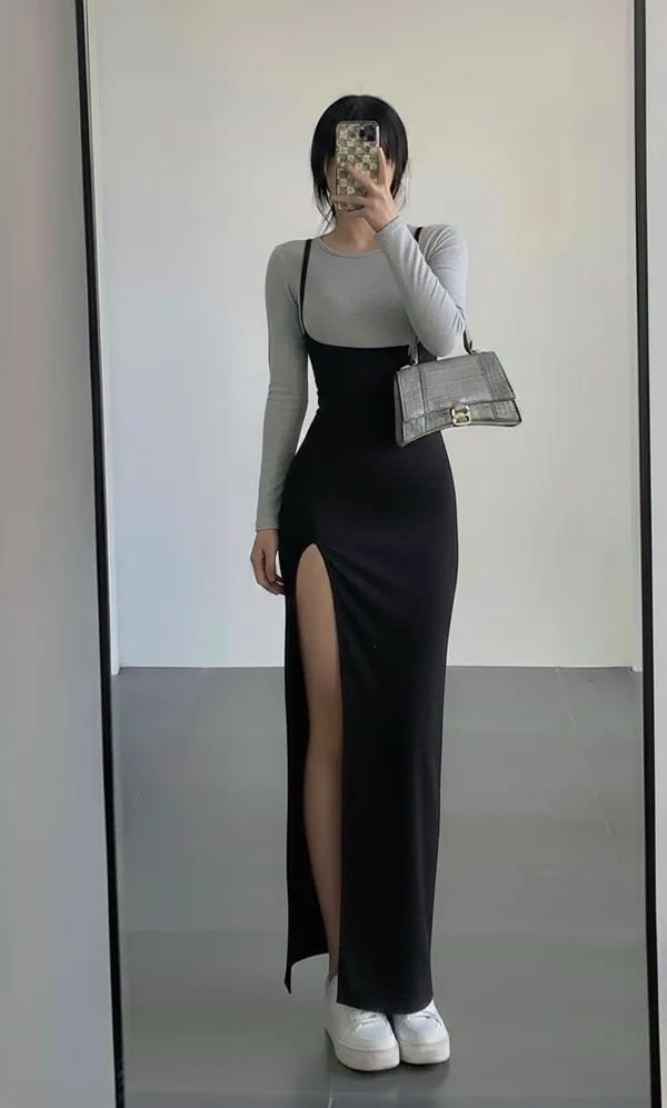 Ekeshwara_grey_top_and_black_maxi_dress_combo_for_elegant_women|_Model_Height_5.8inch_,_Fabric_All_Way_Stretchable