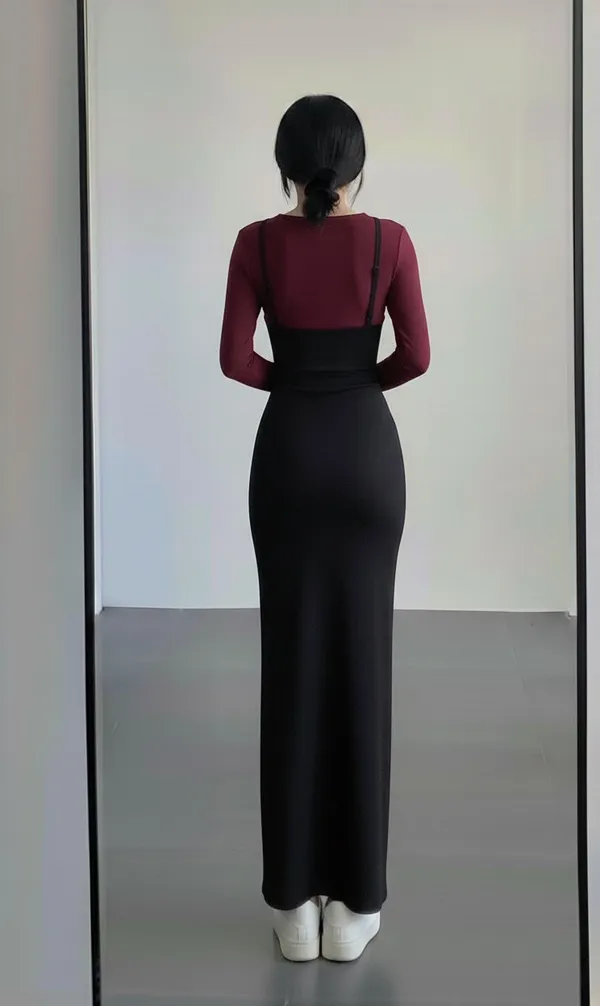 Ekeshwara_maroon_colour_top_&_black_maxi_dress_combo_for_elegant_women|_Model_Height_5.8inch_,_Fabric_All_Way_Stretchable