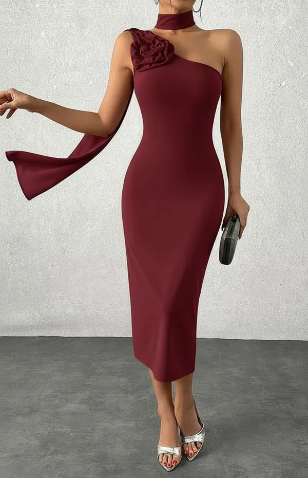 Ekeshwara_maroon_high_neck_one_shoulder_party_wear_dress_for_elegant_women|_Model_Height_5.8inch_,_Fabric_All_Way_Stretchable