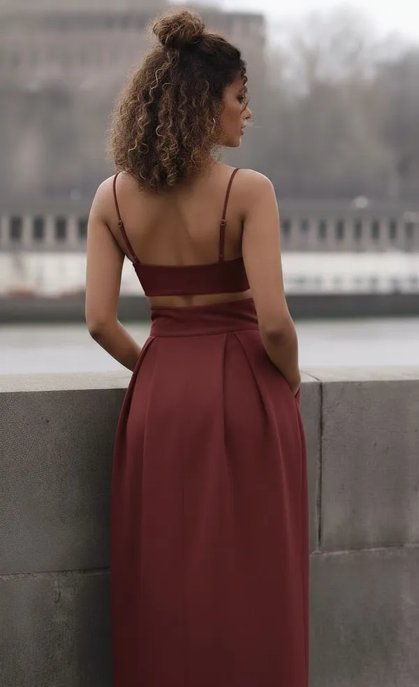 Ekeshwara_maroon_rose_flower_style_spaghetti_strap_neckline_design_top_&_balloon_style_skirt_for_elegant_women|_Model_Height_5.8inch_,_Fabric_All_Way_Stretchable
