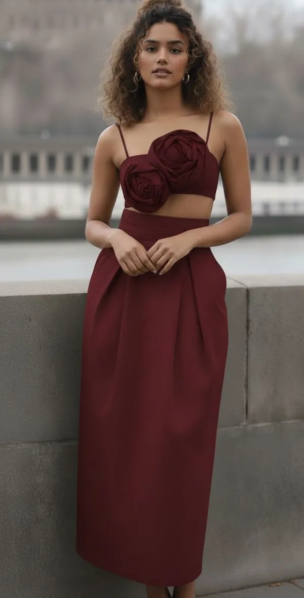 Ekeshwara_maroon_rose_flower_style_spaghetti_strap_neckline_design_top_&_balloon_style_skirt_for_elegant_women|_Model_Height_5.8inch_,_Fabric_All_Way_Stretchable