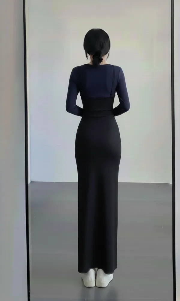 Ekeshwara_navy_blue_colour_inner_top_and_black_long_maxi_dress_combo_for_elegant_women|_Model_Height_5.8inch_,_Fabric_All_Way_Stretchable