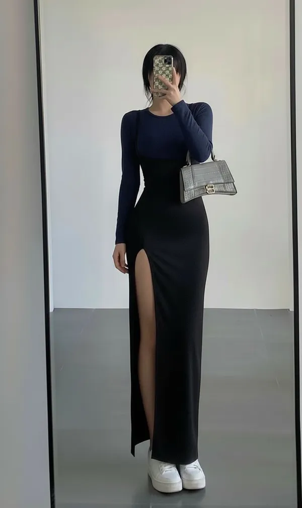 Ekeshwara_navy_blue_colour_inner_top_and_black_long_maxi_dress_combo_for_elegant_women|_Model_Height_5.8inch_,_Fabric_All_Way_Stretchable