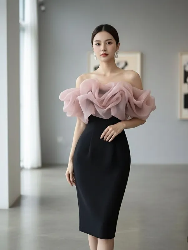 Ekeshwara_pink_colour_frill_style_off_shoulder_party_wear_dress_for_women|_Model_Height_5.8inch,_Fabric_All_Way_Stretchable