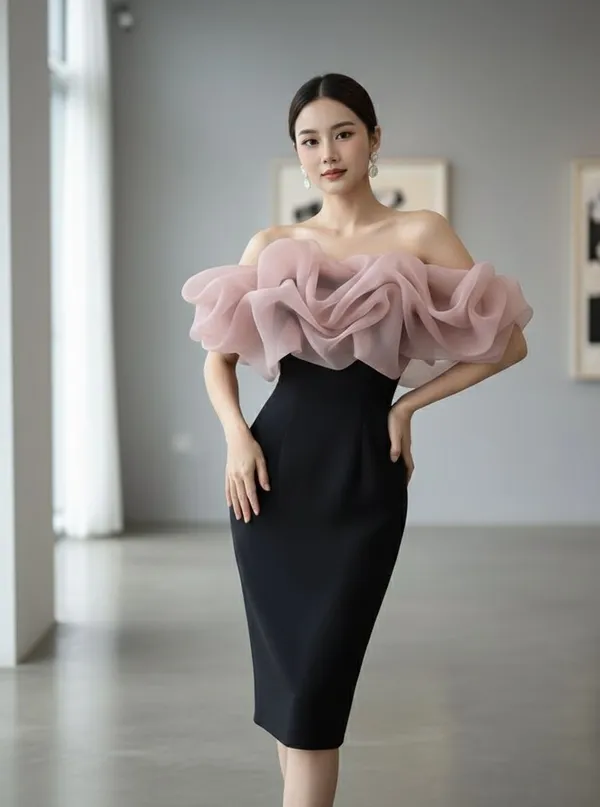 Ekeshwara_pink_colour_frill_style_off_shoulder_party_wear_dress_for_women|_Model_Height_5.8inch,_Fabric_All_Way_Stretchable