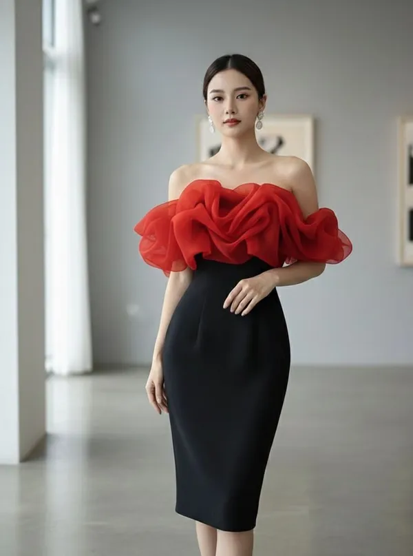Ekeshwara_red_balloon_style_frill_off_shoulder_party_wear_dress_for_women|_Model_Height_5.8inch_,_Fabric_All_Way_Stretchable