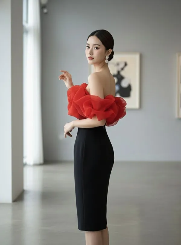 Ekeshwara_red_balloon_style_frill_off_shoulder_party_wear_dress_for_women|_Model_Height_5.8inch_,_Fabric_All_Way_Stretchable