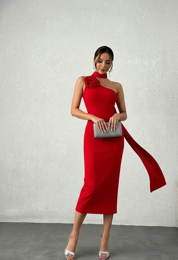 Ekeshwara_red_high_neck_style_bodycon_dress_for_women|_Model_Height_5.8inch_,_Fabric_All_Way_Stretchable