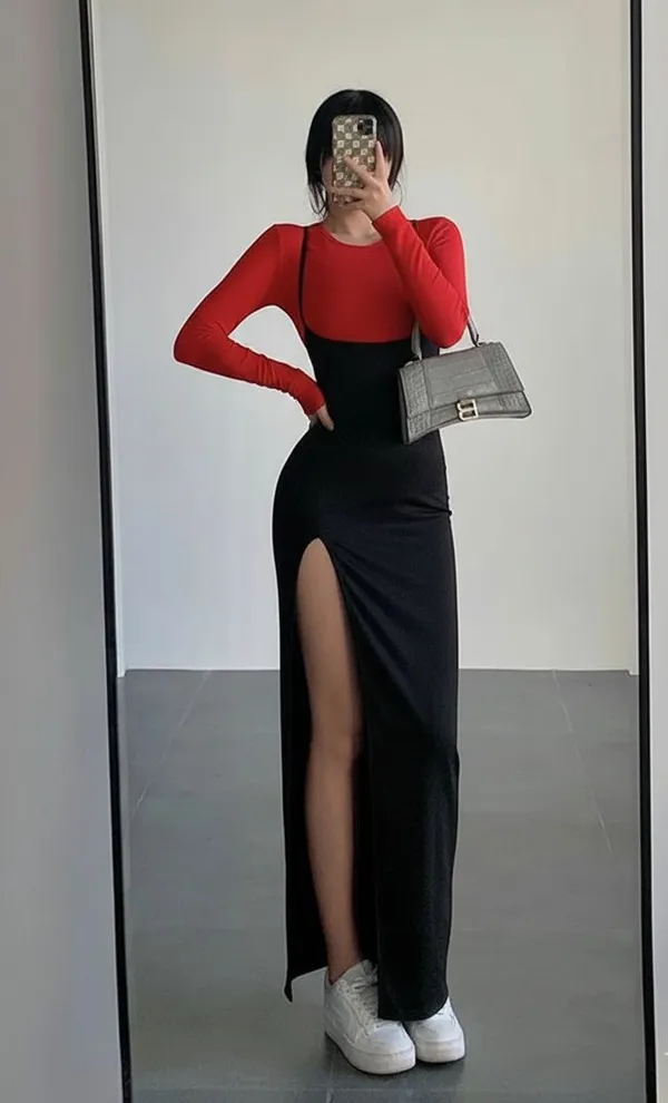 Ekeshwara_red_inner_top_and_long_maxi_dress_combo_for_elegant_women|_Model_Height_5.8inch_,_Fabric_All_Way_Stretchable