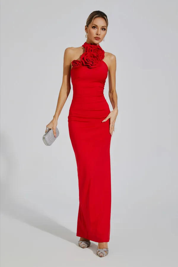 Ekeshwara_red_rose_high_neck_design_dress_for_women|_Model_Height_5.8inch_,_Fabric_All_Way_Stretchable
