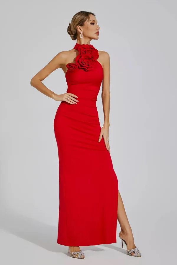 Ekeshwara_red_rose_high_neck_design_dress_for_women|_Model_Height_5.8inch_,_Fabric_All_Way_Stretchable