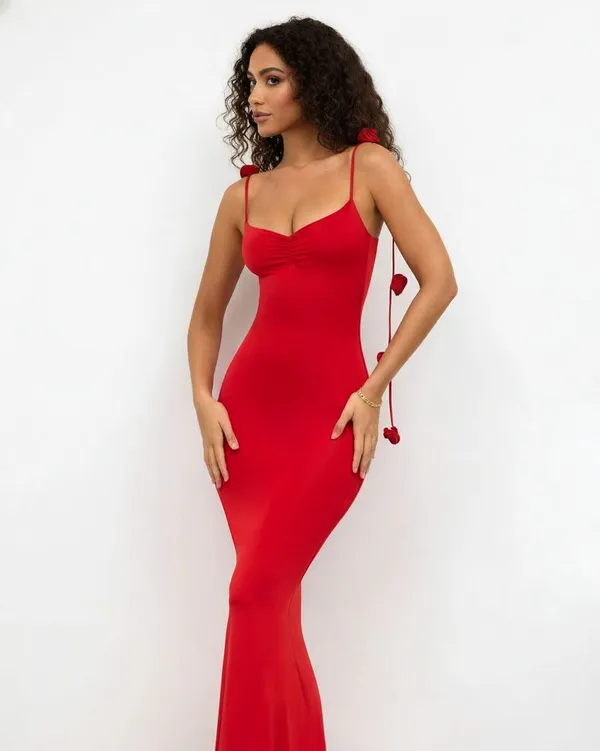 Ekeshwara_red_rose_style_bralette_strap_neckline_design_maxi_dress_for_women|_Model_Height_5.8inch_,_Fabric_All_Way_Stretchable