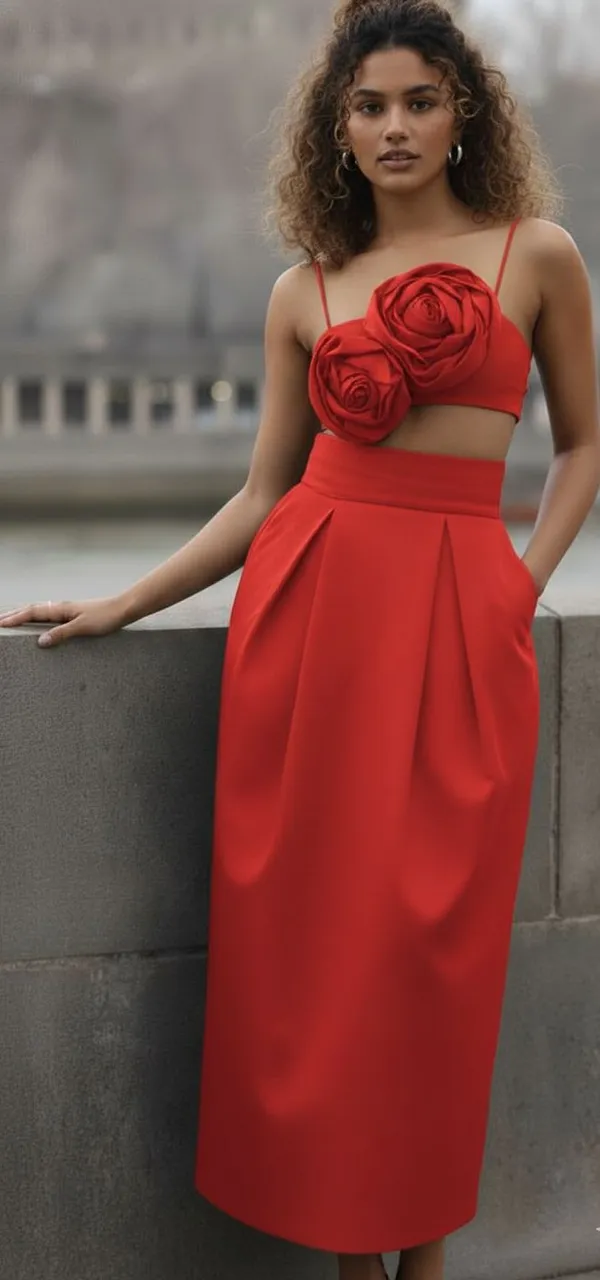 Ekeshwara_red_rose_style_bralette_top_and_balloon_style_skirt_for_elegant_women|_Model_Height_5.8inch_,_Fabric_All_Way_Stretchable